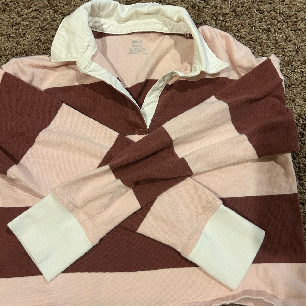 Pink and Brown Striped Shirt with White Collar